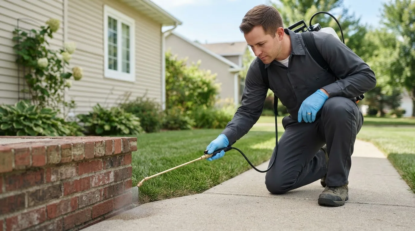 Pest control technician treating a home near Kinsley, KS