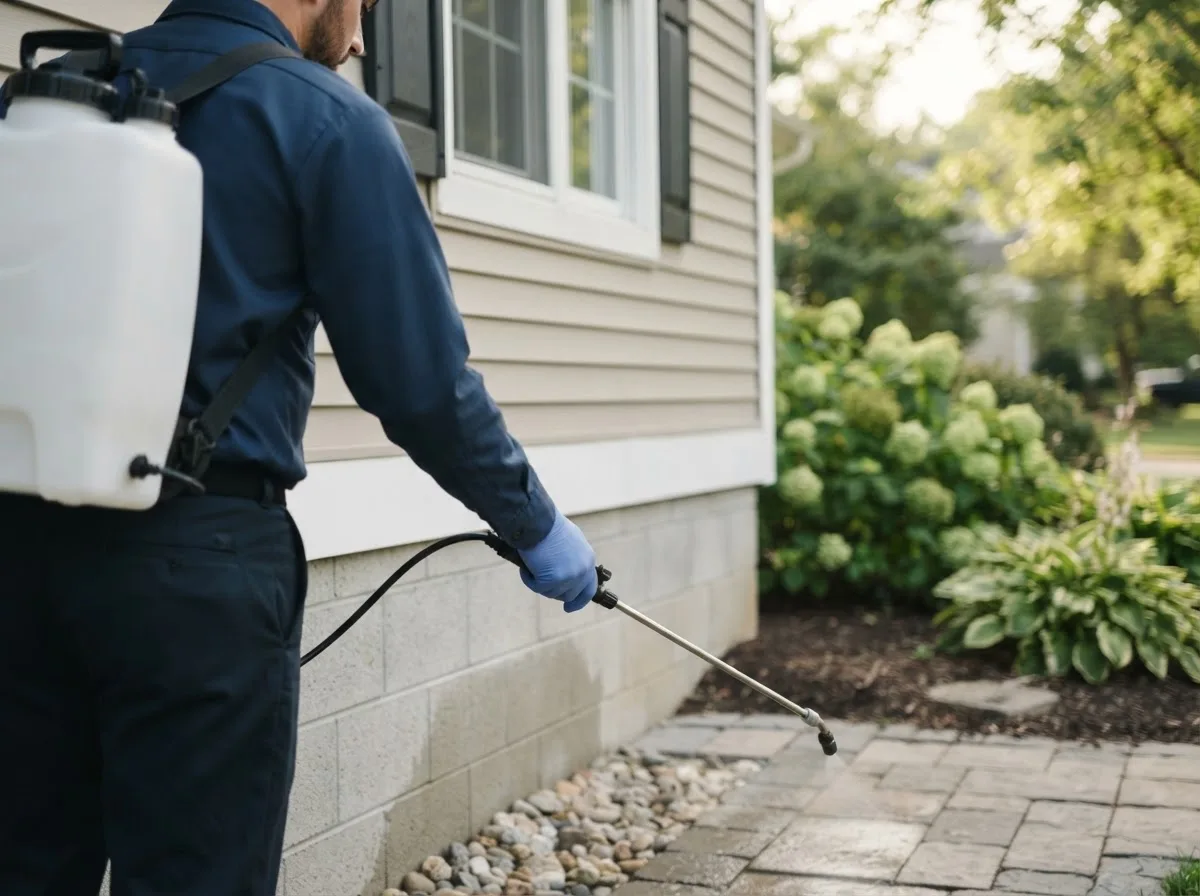 Pest control technician inspecting a home in Kinsley, KS